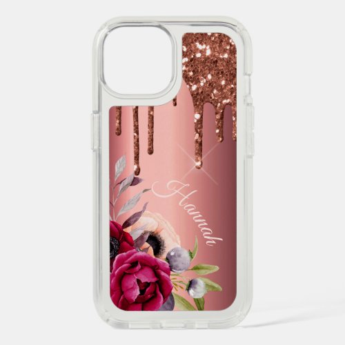 Bronze glitter drip copper florals name iPhone 15 case