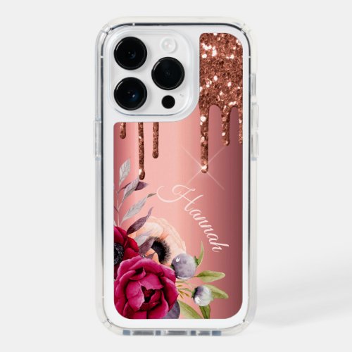 Bronze glitter drip copper florals name speck iPhone 14 pro case