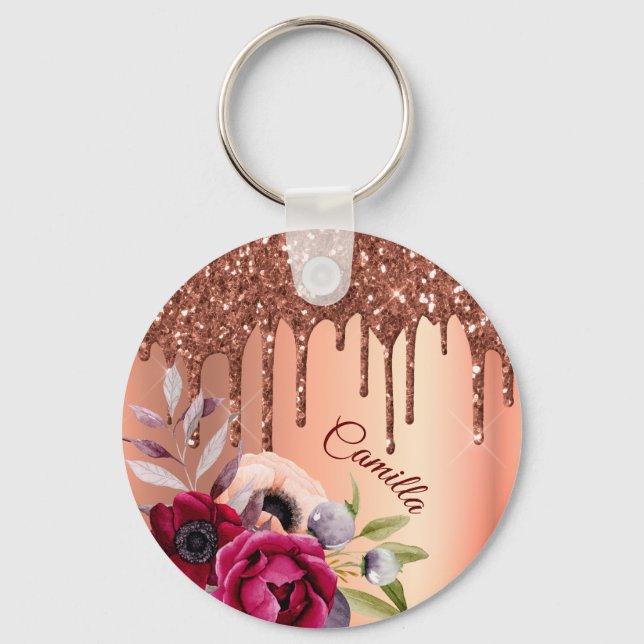 Bronze glitter drip copper flowers name keychain (Front)