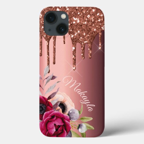 Bronze glitter drip copper metallic florals name iPhone 13 case