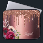 Bronze glitter drip copper metallic florals name laptop sleeve<br><div class="desc">Faux bronze  glitter drip,  paint drip look on faux copper metallic looking background. Burgundy and rose gold colored Flowers. Template for Your name.  The name in rose gold is written with a modern and trendy hand lettered style script.</div>