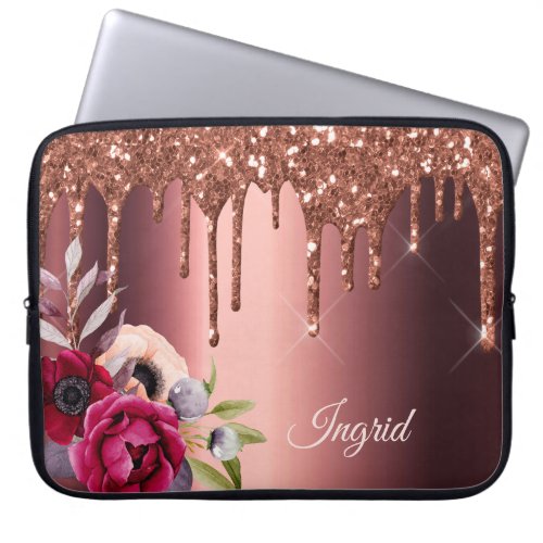 Bronze glitter drip copper metallic florals name laptop sleeve