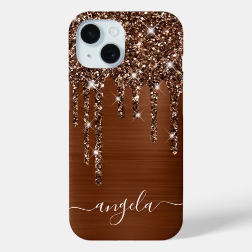 Bronze Glitter Drips Brown Glam Signature iPhone 15 Case