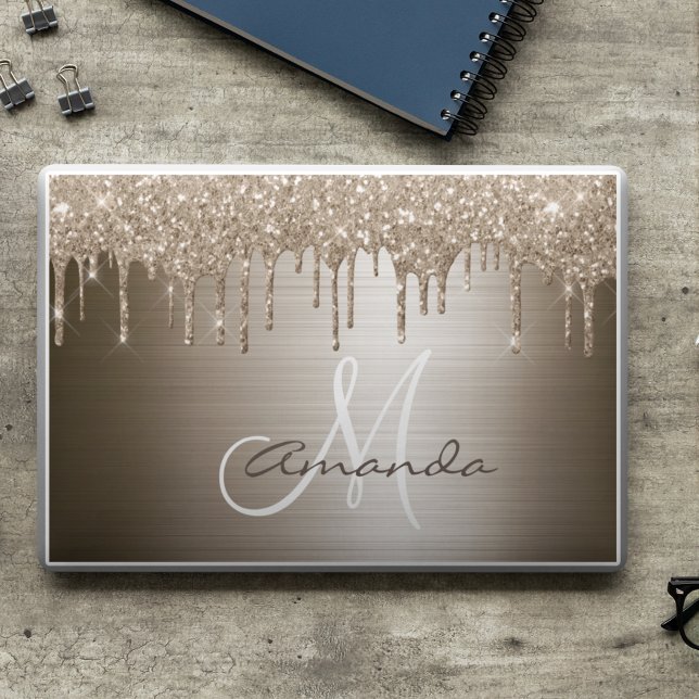 Bronze Glitter Drips Personalized Monogram HP Laptop Skin (Creator Uploaded)