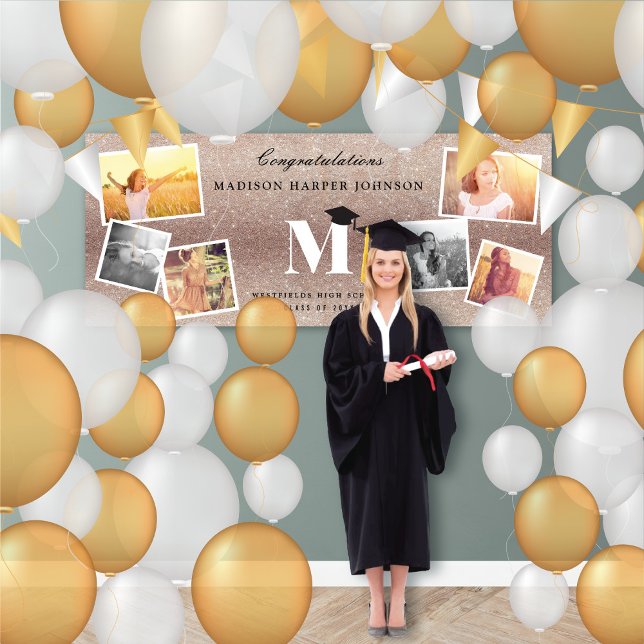 Bronze Glitter Monogram And Cap Graduation Party Banner (Bronze Glitter Name Monogram 6 Photo Chic Graduation Party Banner @ www.zazzle.com/color_therapy)