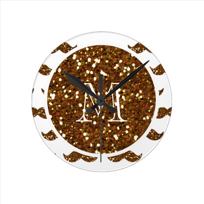 Bronze Glitter Mustache Pattern Your Monogram Wall Clock