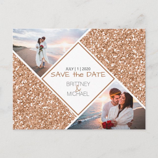 Bronze Glitter Photo Photo Save the Date Postcard (Front)