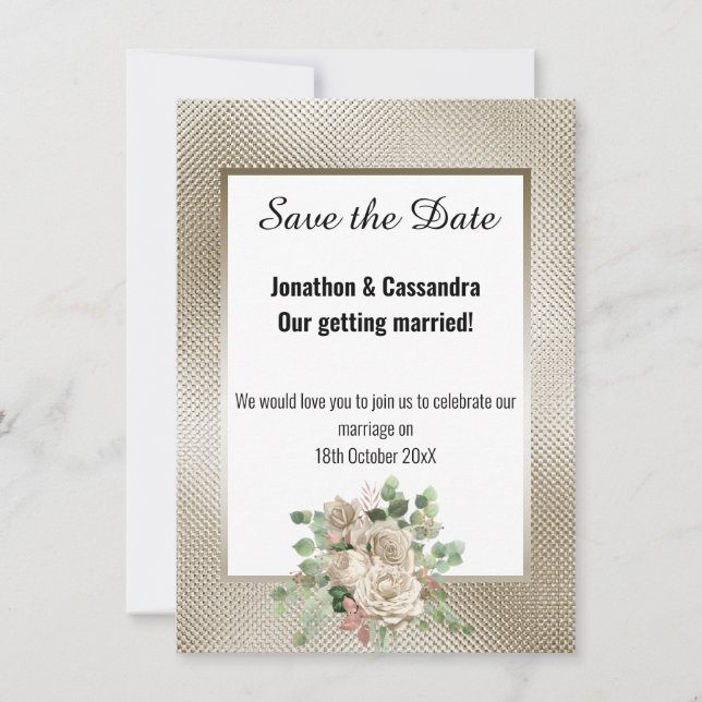BRONZE GLITTER ROSE EUCALYPTUS SAVE THE DATE (Front)