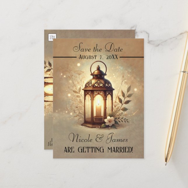 Bronze Glowing Lantern Romantic Rustic Save Date Announcement Postcard (Front/Back In Situ)
