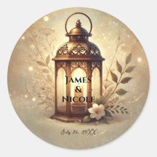 Bronze Glowing Lantern Romantic Rustic Wedding Classic Round Sticker
