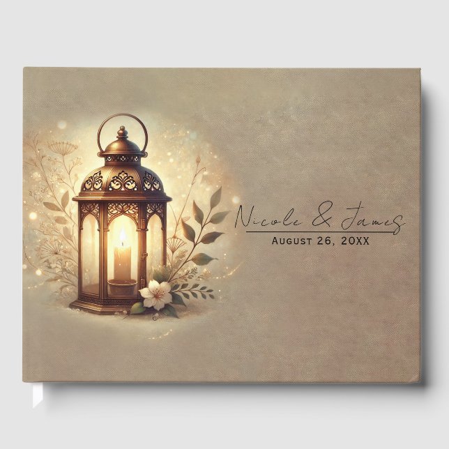 Bronze Glowing Lantern Romantic Rustic Wedding  Guest Book (Front)