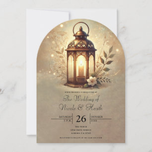 Bronze Glowing Lantern Romantic Rustic Wedding Invitation