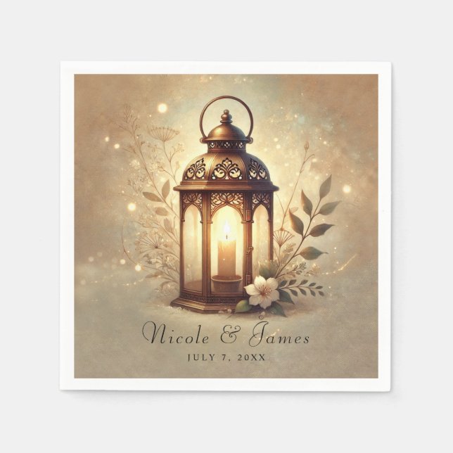 Bronze Glowing Lantern Romantic Rustic Wedding  Napkins (Front)