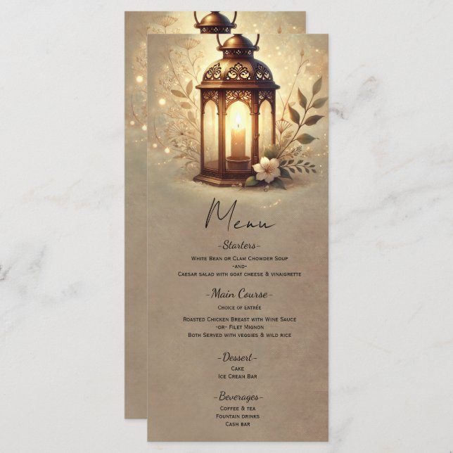 Bronze Glowing Lantern Rustic Wedding Menu (Front/Back)