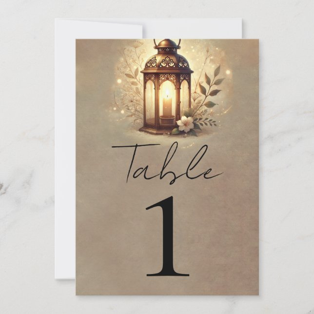 Bronze Glowing Lantern Rustic Wedding Table Number (Front)