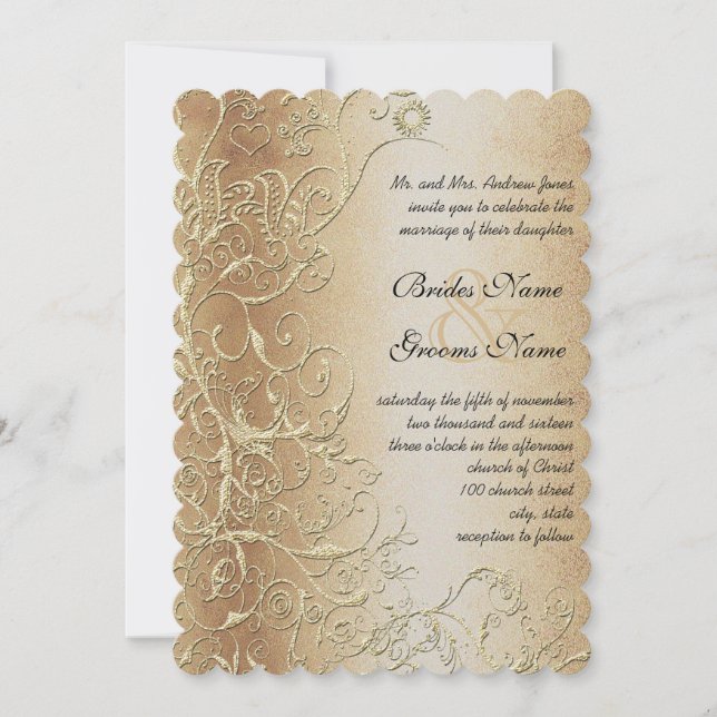 Bronze Gold and Black Love Bird Swirls Wedding Invitation (Front)