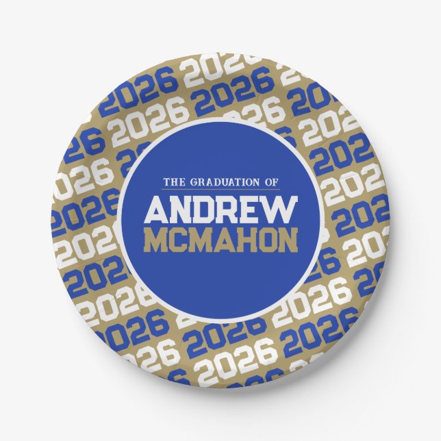 Bronze Gold and Blue Personalized Graduation Paper Plates (Front)