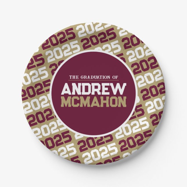 Bronze Gold and Burgundy Personalized Graduation Paper Plates (Front)