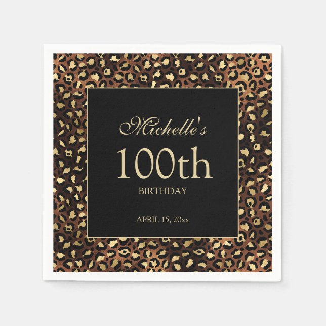 Bronze Gold Black Cheetah Leopard 100th Birthday Napkins (Front)