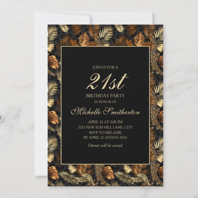 Bronze Gold Black Leaves 21st Birthday Party Invitation (Front)