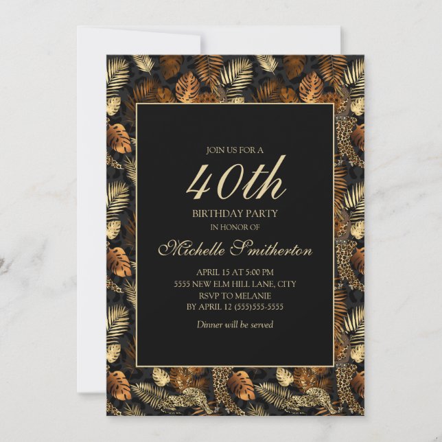 Bronze Gold Black Leaves 40th Birthday Party Invitation (Front)