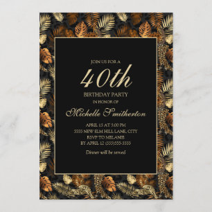 Bronze Gold Black Leaves 40th Birthday Party Invitation