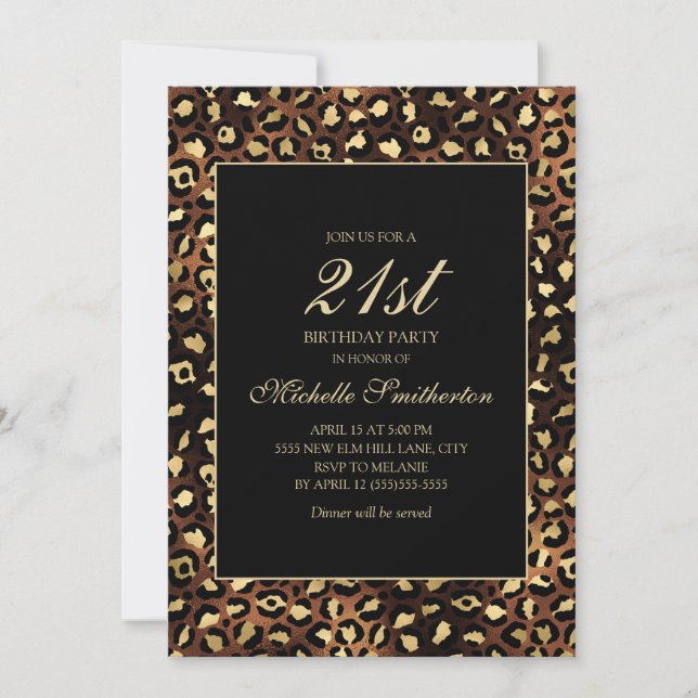Bronze Gold Black Leopard 21st Birthday Party Invitation (Front)