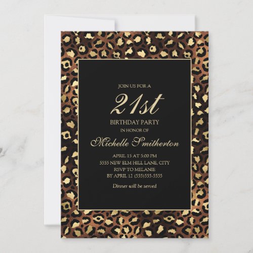 Bronze Gold Black Leopard 21st Birthday Party Invitation