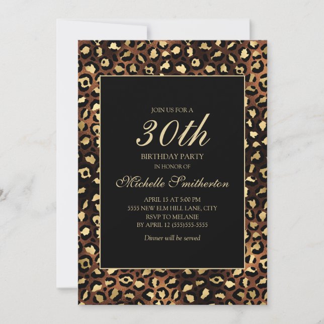 Bronze Gold Black Leopard 30th Birthday Party Invitation (Front)