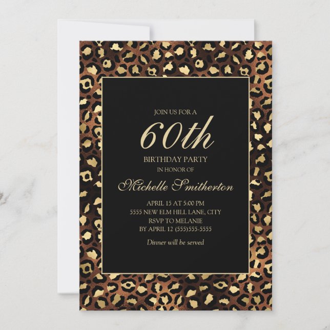 Bronze Gold Black Leopard 60th Birthday Party Invitation (Front)