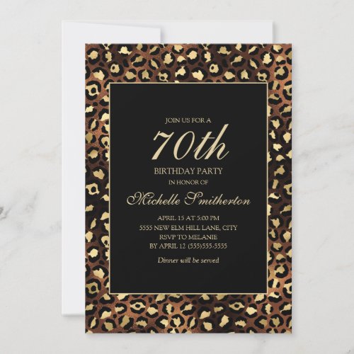 Bronze Gold Black Leopard 70th Birthday Party Invitation