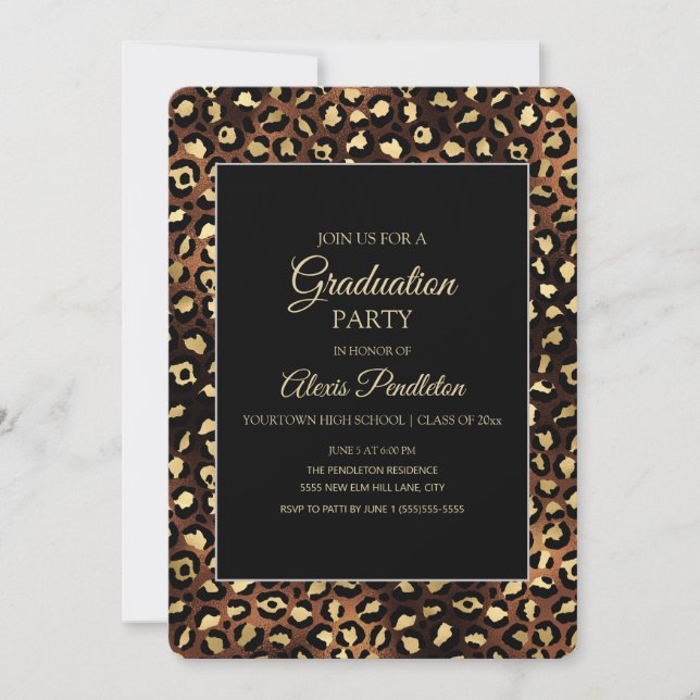 Bronze Gold Black Leopard Cheetah Graduation Party Invitation (Front)