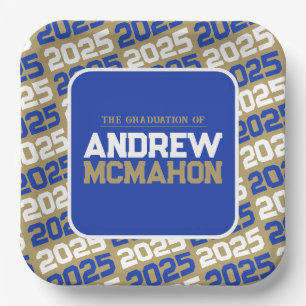 Bronze Gold & Blue Personalized Graduation Square Paper Plates