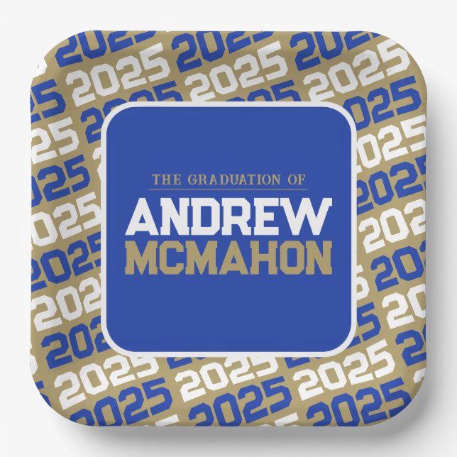 Bronze Gold & Blue Personalized Graduation Square Paper Plates (Front)