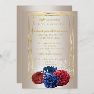 Bronze Gold Bouquet Elegant Red Blue Wedding Invitation