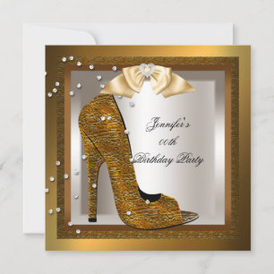 Bronze Gold Cream High Heel Shoe Birthday Party Invitation