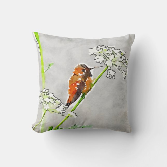 Bronze,gold green hummingbird & white flowers grey throw pillow (Front)