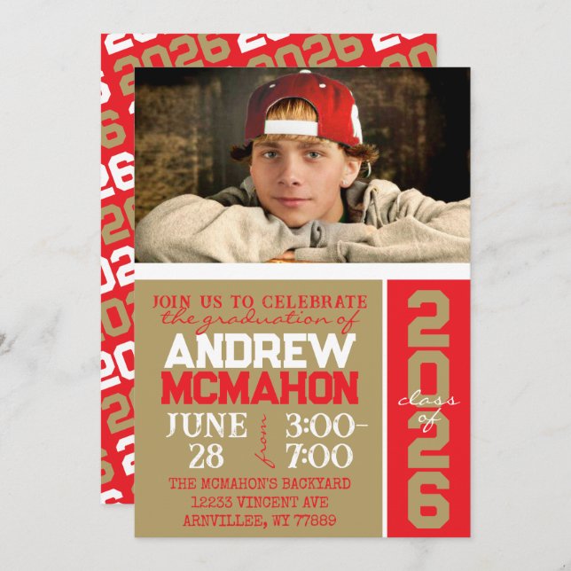 Bronze Gold & Red Graduation Photo Invitation (Front/Back)