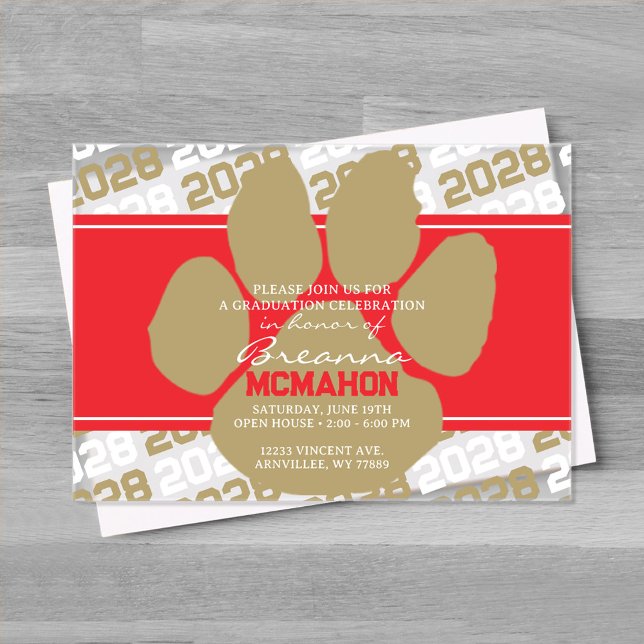 Bronze Gold & Red Pawprint Graduation Frosted Acrylic Invitations (Red and Bronze Frosted Acrylic Pawprint Graduation Invitation)