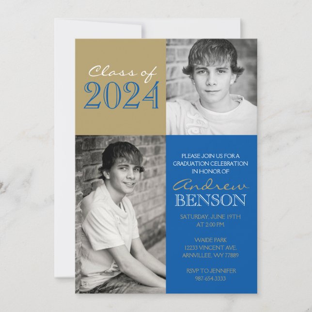 Bronze Gold & Royal Blue 2 Photo Graduation Invitation (Front)