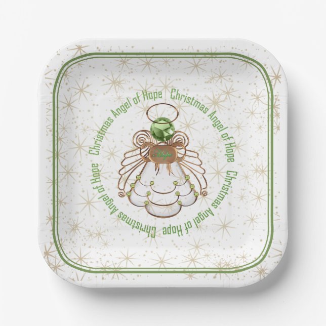Bronze & Green Christmas Angel of Hope & Stars Paper Plates (Front)