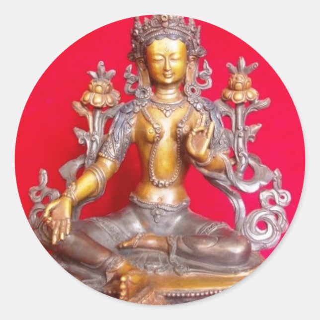 BRONZE GREEN TARA STATUE ANCIENT TIBET CLASSIC ROUND STICKER (Front)