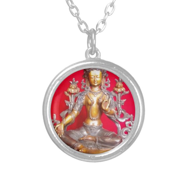 BRONZE GREEN TARA STATUE ANCIENT TIBET SILVER PLATED NECKLACE (Front)