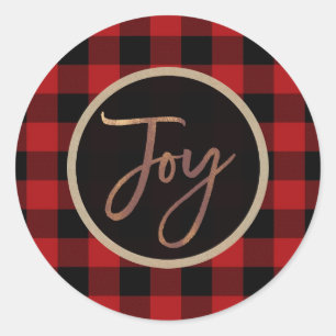 Bronze JOY Christmas Holiday Red Buffalo Plaid Classic Round Sticker