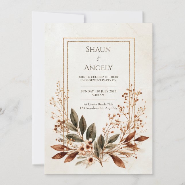 Bronze Leaf Earthy Gold Frame Wedding Invitation (Front)