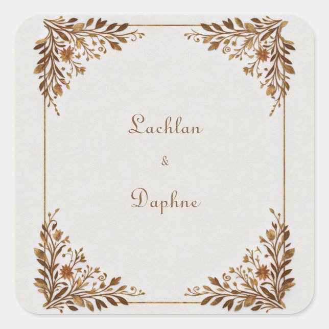 Bronze Leaf Metallic Gold Frame Wedding Square Sticker (Front)