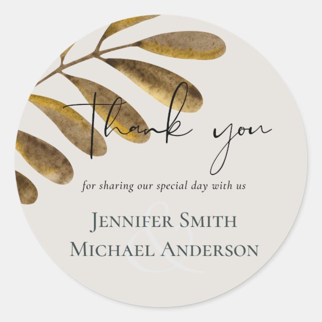 Bronze leaf Wedding Thank you Favor Classic Round Sticker (Front)
