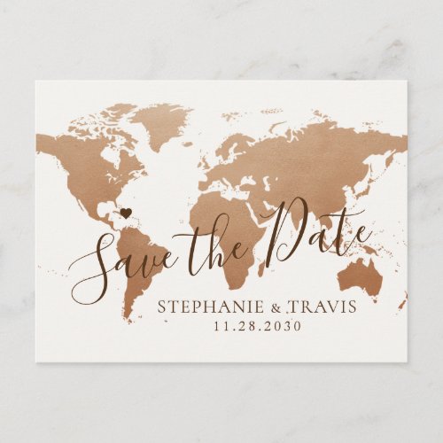 Bronze Map Destination Wedding Save the Date Announcement Postcard
