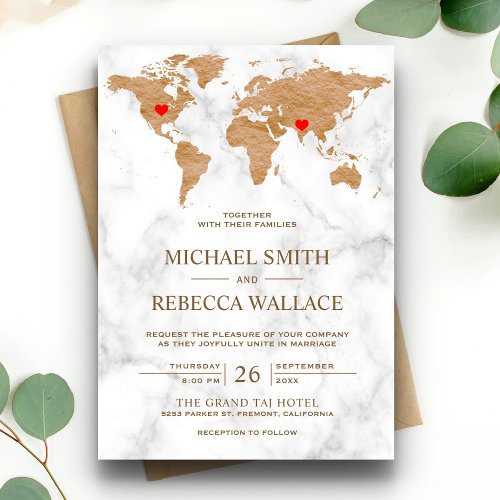 Bronze Marble World Map Traveling Hearts Wedding Invitation