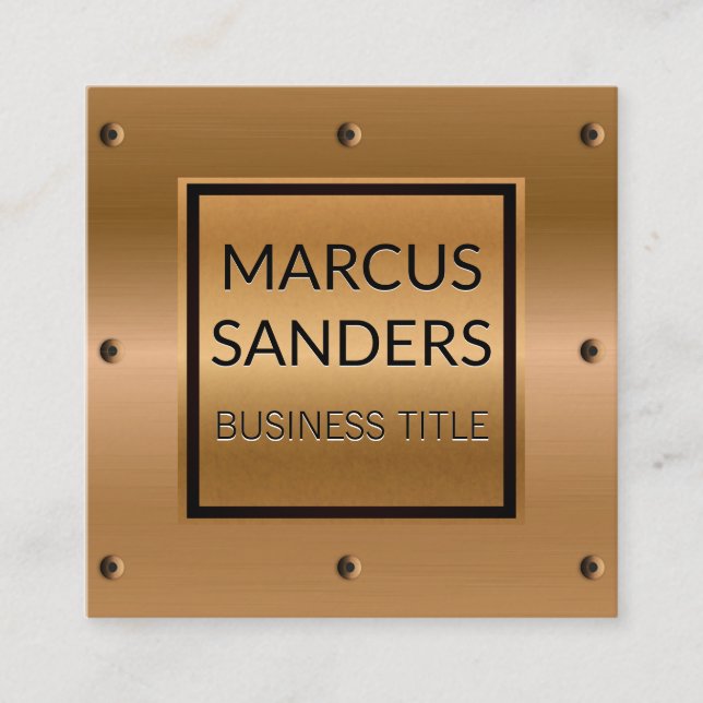 Bronze Metallic and Rivets | Industrial Square Business Card (Front)